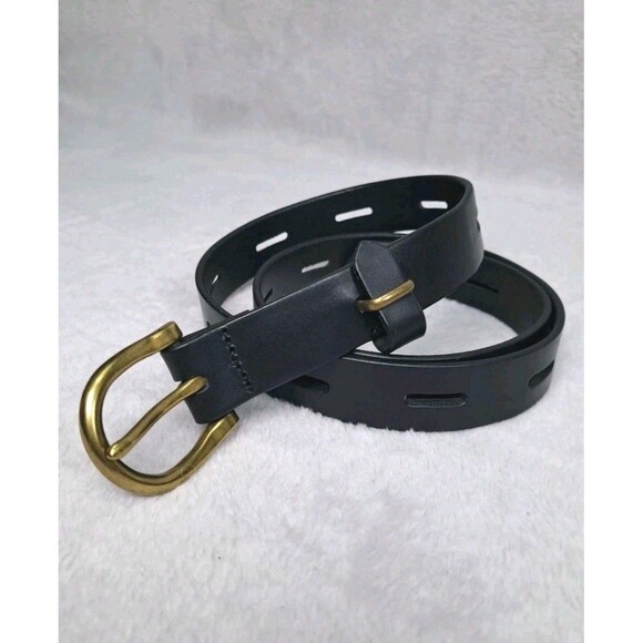 Madewell Black Leather Belt Womens Sz Small Slotted Brass Buckle Classic - Picture 2 of 9